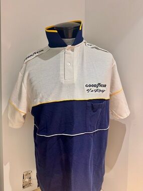 Vintage 1990s Goodyear Two-Tone Racing Polo — Navy & White with Yellow Trim